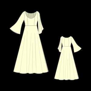 May include: Two white dresses with long sleeves and a scoop neckline. The dresses have a fitted bodice and a flowing skirt.