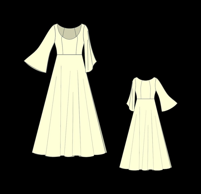 May include: Two white dresses with long sleeves and a scoop neckline. The dresses have a fitted bodice and a flowing skirt.