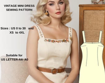 1950's Vintage style Mini Dress Pattern, Laides Size;US 2 to 30 (XS to 4XL)//Suitable for A0- A4- US Letter Format
