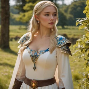 May include: A woman with long blonde hair wearing a white dress with a blue and gold design. She is wearing a gold headband and a brown belt with a gold buckle. The dress has a triangular design on the chest and shoulder pads.