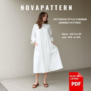 Victorian Style Chemise Schnittmuster, Rundhalsausschnitt, durchgeknöpft, A0-A4-US Letter // Sizes; US 2 bis 30 // XS bis 4XL