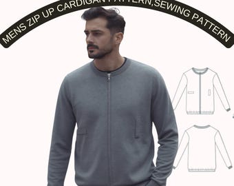 Patrón de cárdigan con cremallera para hombre, patrón de costura de chaqueta de punto, suéter minimalista estilo bomber, patrón en PDF para hombre, A4 A0 Carta estadounidense