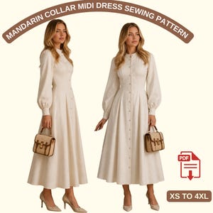 May include: Two women model a cream-colored midi dress with a mandarin collar and long sleeves. The dress features a button-down front and a flared skirt. The image includes the text "MANDARIN COLLAR MIDI DRESS SEWING PATTERN" and size options.
