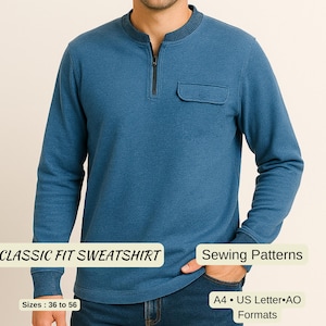 Men’s Sweatshirt Sewing Pattern | Half Zip Pullover | Casual Streetwear Top | Oversized Unisex Sweater | PDF Sewing Pattern