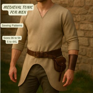 May include: Beige medieval tunic with a V-neck, long sleeves, and a brown leather belt. The tunic has a unique asymmetrical hemline. A small brown leather pouch hangs from the belt. The text on the image says "MEDIEVAL TUNIC FOR MEN" and "Sewing Patterns".