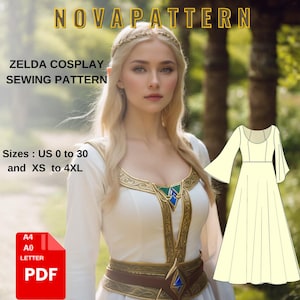 May include: A digital sewing pattern for a white Zelda cosplay dress with gold accents. The pattern includes sizes UK 0 to 30 and XS to 4XL. The pattern is available in PDF format.