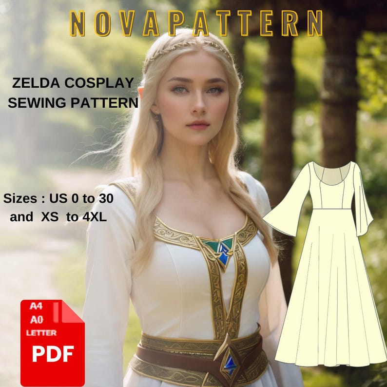 May include: A digital sewing pattern for a white Zelda cosplay dress with gold accents. The pattern includes sizes UK 0 to 30 and XS to 4XL. The pattern is available in PDF format.