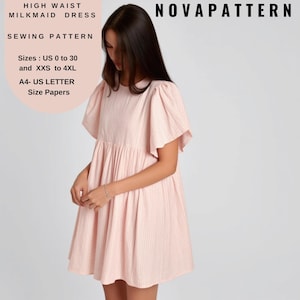 May include: A sewing pattern for a high waist milkmaid dress. The pattern is available in sizes US 0 to 30 and XXS to 4XL. The pattern is printed on A4 US Letter size paper. The image shows a model wearing a pink and white striped dress.
