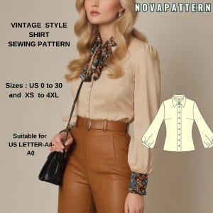 Patrón de blusa y camisa estilo retro vintage, camisa formal de oficina, tallas A0-A4-carta; EE. UU. 0 a 30 (nuestra colección incluye opciones de tallas grandes)