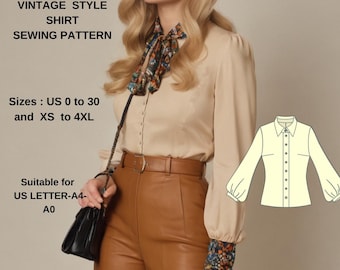 Vintage Style Shirt Sewing Pattern: US 0-30, XS-4XL (PDF Pattern)