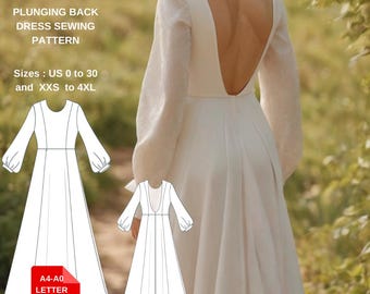 Backless Bridal Gown Sewing Pattern: US 0-30, XXS-4XL (A4-A0-US Letter)