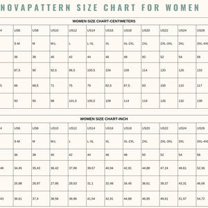 以下が含まれることがあります： 女性用Novapatternサイズチャート。USA、インターナショナル、ヨーロッパのサイズ名、およびバスト、ウエスト、ヒップの測定値（センチメートルとインチ）の行を含む2つの表で構成され、米国サイズ2から30までがグリッド形式で表示されています。
