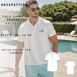 Puede incluir: Patrón de costura para camisa polo blanca con el texto "NOVAPATTERN" y "POLO SHIRT SEWING PATTERN" en la parte superior. El patrón incluye las tallas 36 a 56 y está en formato A0-A4-US letter.