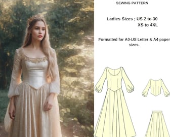 Renaissance regency Cosplay Dress Pattern,fantasy dress,Elvish,Maxi Celtic dress sewing pattern,US 2 to 30-A0-A4 and US LETTER Format