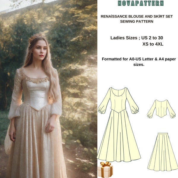 Renaissance regency Cosplay Dress Pattern,fantasy dress,Elvish,Maxi Celtic dress sewing pattern,US 2 to 30-A0-A4 and US LETTER Format