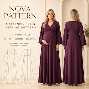 Può includere: Cartamodello Nova Pattern per abito premaman, taglie 2-30. Include file A0, A4, US Letter e proiettore. Abito lungo color viola scuro con maniche lunghe, scollo a V incrociato e gonna svasata, mostrato sia frontalmente che sul retro.