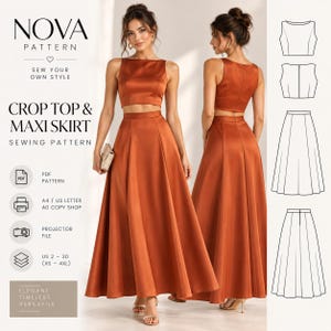 Patrón de costura para falda maxi con paneles / Falda de satén con abertura alta en PDF (descarga digital)