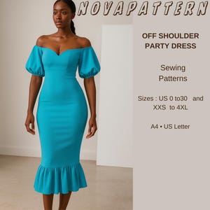 May include: A turquoise off-shoulder party dress with a fitted bodice and a ruffled hem. The dress has short, puffed sleeves and is a sewing pattern. The text "NOVAPATTERN" is at the top.