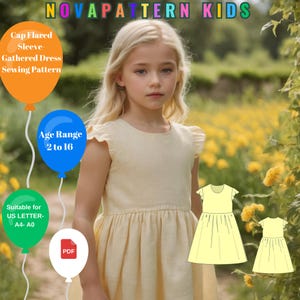 Patrón de costura de vestido de verano de lino fruncido para niños, vestido de niña sin mangas con gorra acampanada, adecuado para letras A4-A0-US - DXF, rango de edad 2-16 años
