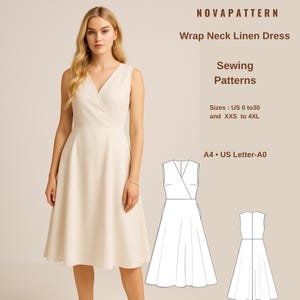 Wrap Neck Linen Midi Dress Sewing Pattern: US Size 2-30 (PDF Download A0-A4-US Letter)