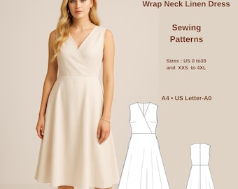 Wrap Neck Linen Midi Dress Sewing Pattern: US Size 2-30 (PDF Download A0-A4-US Letter)