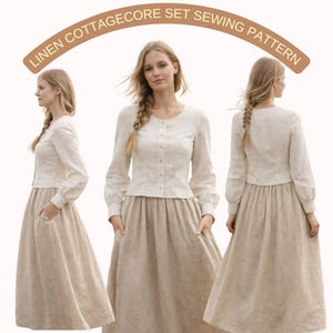 Puede incluir: Imagen de tres paneles de una mujer con un conjunto cottagecore de lino. El conjunto incluye una camisa abotonada de manga larga y una falda larga. La camisa es blanquecina y la falda es de color beige claro. El texto "LINEN COTTAGECORE SET SEWING PATTERN" está arqueado en la parte superior.