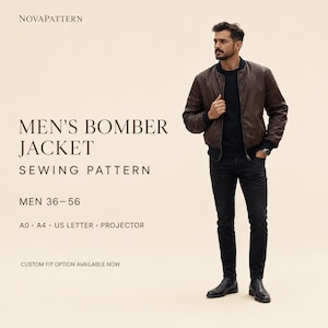 Men’s Bomber Jacket Sewing Pattern, Classic Zip Up Jacket PDF Pattern, Casual Outerwear for Men, Sizes 36–56, A4 A0 US Letter Formats