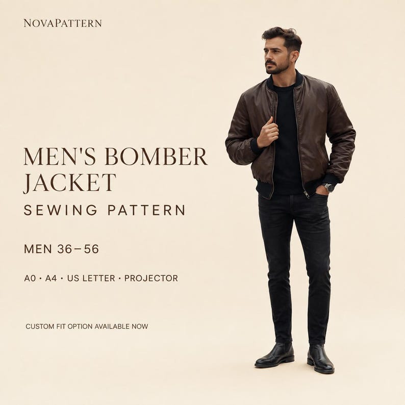 May include: A brown bomber jacket with black ribbed cuffs and collar, worn over a black shirt and black pants. Text reads: NOVAPATTERN, MEN'S BOMBER JACKET SEWING PATTERN, MEN 36-56, A0, A4, US LETTER, PROJECTOR, CUSTOM FIT OPTION AVAILABLE NOW.
