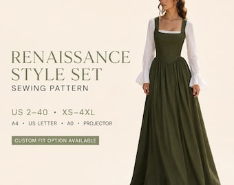 Renaissance Dress Set Sewing Pattern | Medieval Blouse and Bustier Maxi Skirt | Historical Costume PDF Pattern | Cottagecore Outfit