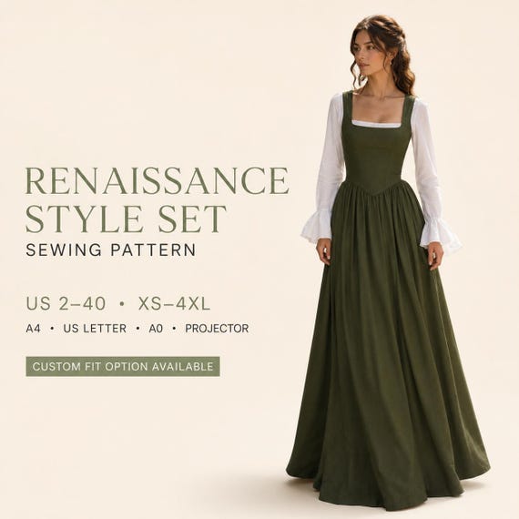 Renaissance Dress Set Sewing Pattern | Medieval Blouse and Bustier Maxi Skirt | Historical Costume PDF Pattern | Cottagecore Outfit