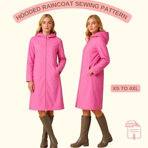 Könnte beinhalten: Ein Schnittmuster für einen Kapuzen-Regenmantel in leuchtendem Pink. Der Mantel hat einen Reißverschluss, Taschen und eine Kapuze. Größen von XS bis 4XL. Das Model trägt braune Stiefel.