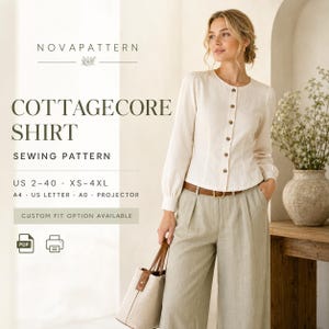 May include: A digital sewing pattern for a long-sleeved, button-down shirt labelled NOVAPATTERN COTTAGECORE SHIRT. The text specifies US sizes 2-40, XS-4XL, and formats including A4, US Letter, A0, and projector. A PDF and printer icon are visible.