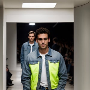 May include: A model walks down a runway wearing a blue denim jacket with a bright yellow panel across the chest. The jacket has a button closure and a collar.