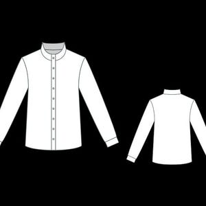Puede incluir: Se muestra una camisa blanca de manga larga con cuello mao y abotonadura frontal. La imagen muestra las vistas delantera y trasera de la camisa. La camisa tiene un dise&ntilde;o cl&aacute;sico, adecuado para diversas ocasiones.
