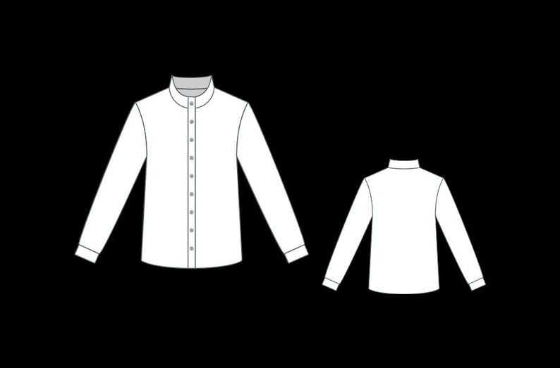 Puede incluir: Se muestra una camisa blanca de manga larga con cuello mao y abotonadura frontal. La imagen muestra las vistas delantera y trasera de la camisa. La camisa tiene un dise&ntilde;o cl&aacute;sico, adecuado para diversas ocasiones.