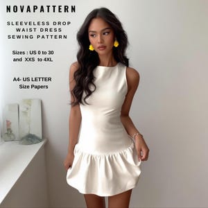 Wykrój na sukienkę bez rękawów z obniżoną talią | Prosta mini sukienka z okrągłym dekoltem | Wzór PDF dla kobiet | A4 i US Letter
