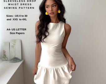 Ärmelloses Kleid mit tiefer Taille Schnittmuster | Schlichtes Minikleid mit Rundhalsausschnitt | PDF Schnittmuster für Frauen | A4 & US Letter