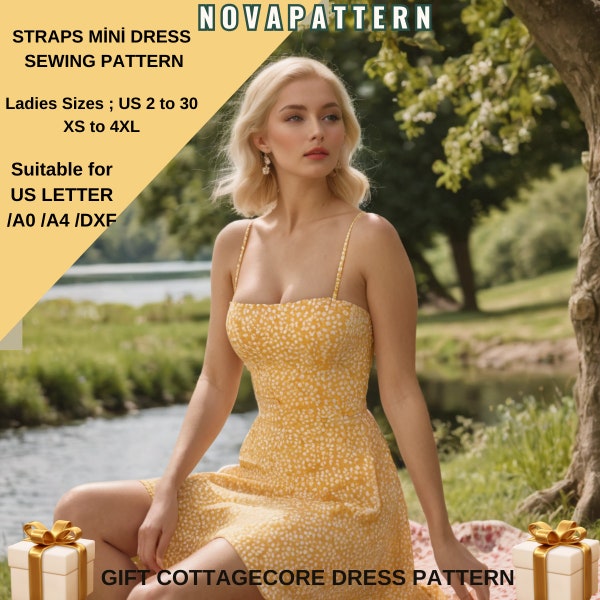 Sundress A-line Straps Bodice Mini Dress Sewing Pattern,Ladies Size ;( US2 to 30 )-EU(XS to 4XL)-Suitable for US Letter-A4- A0-Dxf