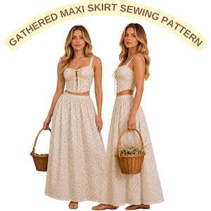 May include: Two-piece floral print outfit with a crop top and maxi skirt. The top has a tie-up front and spaghetti straps. The skirt is long and flowing. The text "GATHERED MAXI SKIRT SEWING PATTERN" is arched above the models.