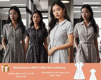 Button Down Shirt Collar Dress Pattern|Short Sleeves Smock Dress,million button dress,collar dress plus size pattern for sewing