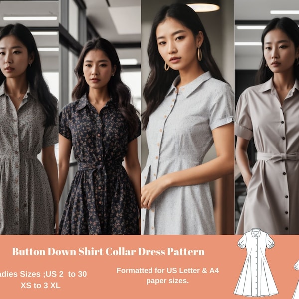 Button Down Shirt Collar Dress Pattern|Short Sleeves Smock Dress,million button dress,collar dress plus size pattern for sewing