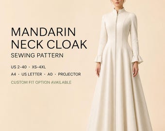 Langer Mantel im Stehkragen, mittelalterlicher Stil PDF Pattern, langes Kleid mit ausgestelltem Kragen, A4 A0 US Letter, XS-4XL