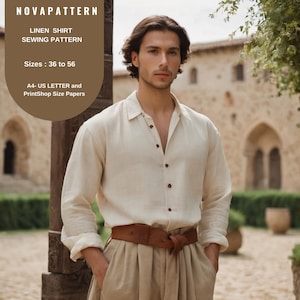 May include: A white linen shirt sewing pattern for sizes 36 to 56. The pattern is printed on A4 or US Letter size paper. The pattern is shown on a model wearing the shirt with a brown leather belt.