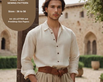 May include: A white linen shirt sewing pattern for sizes 36 to 56. The pattern is printed on A4 or US Letter size paper. The pattern is shown on a model wearing the shirt with a brown leather belt.