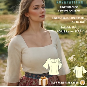 Patrón de blusa estilo cottagecore, escote cuadrado, tallas disponibles: A0, A4 y Carta (EE. UU.): tallas 2 a 30 (EE. UU.) y XS a 4XL.