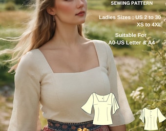 Cottagecore Blouse Sewing Pattern: Square Neck Top (A0-A4-US Letter) (Digital Download)