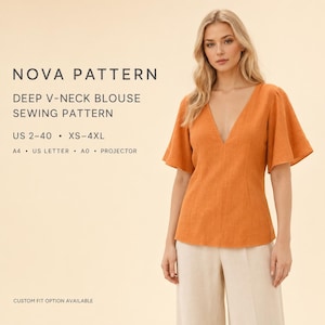 May include: A sewing pattern for a deep V-neck blouse titled Nova Pattern. The text includes US 2-40, XS-4XL, and formats A4, US Letter, A0, and projector. The blouse is orange with short flared sleeves and a fitted bodice.