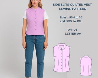 Padrão de costura para colete acolchoado | Colete acolchoado sem mangas com fendas laterais | Conjunto casual em camadas | Padrão de costura fácil em PDF para mulheres
