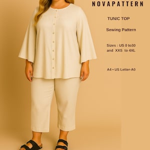 Blusa plus size, molde de costura para túnica - adequado para A0- A4 - carta dos EUA // tamanhos femininos EUA 2 a 30