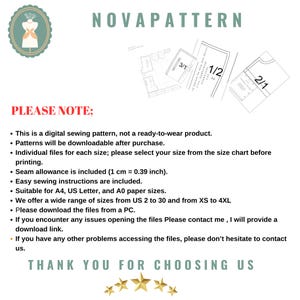 May include: A digital sewing pattern by NOVAPATTERN featuring technical line drawings of garment pieces labelled 3/1, 1/2, and 2/1. The document includes text instructions regarding downloadable files, seam allowances of 1 cm, and various paper sizes.